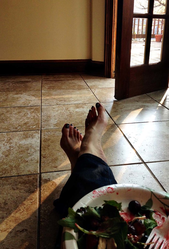 Dinner on the floor while waiting for moving truck to arrive.