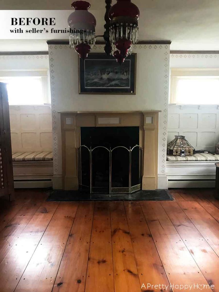 colonial farmhouse fireplace living room before