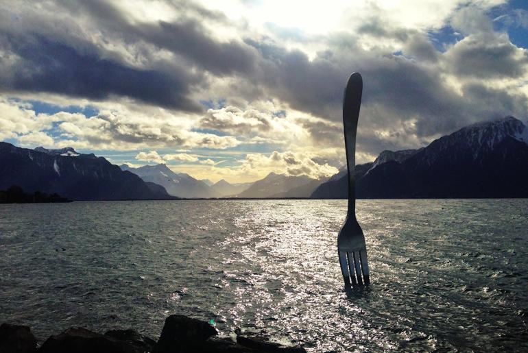 fork sculpture lake geneva via alimentarium on the happy list