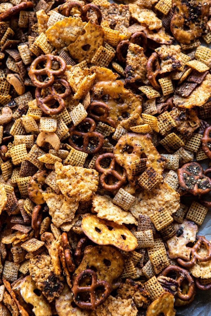 spicy ranch chex mix from half baked harvest on the happy list