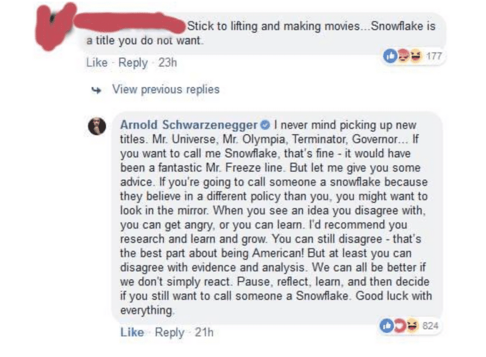 arnold Schwarzenegger snowflake response via upworthy on the happy list