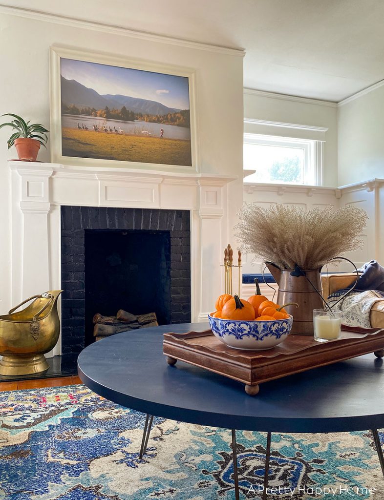 Fall Coffee Table with Blue Accents tiffany bowl