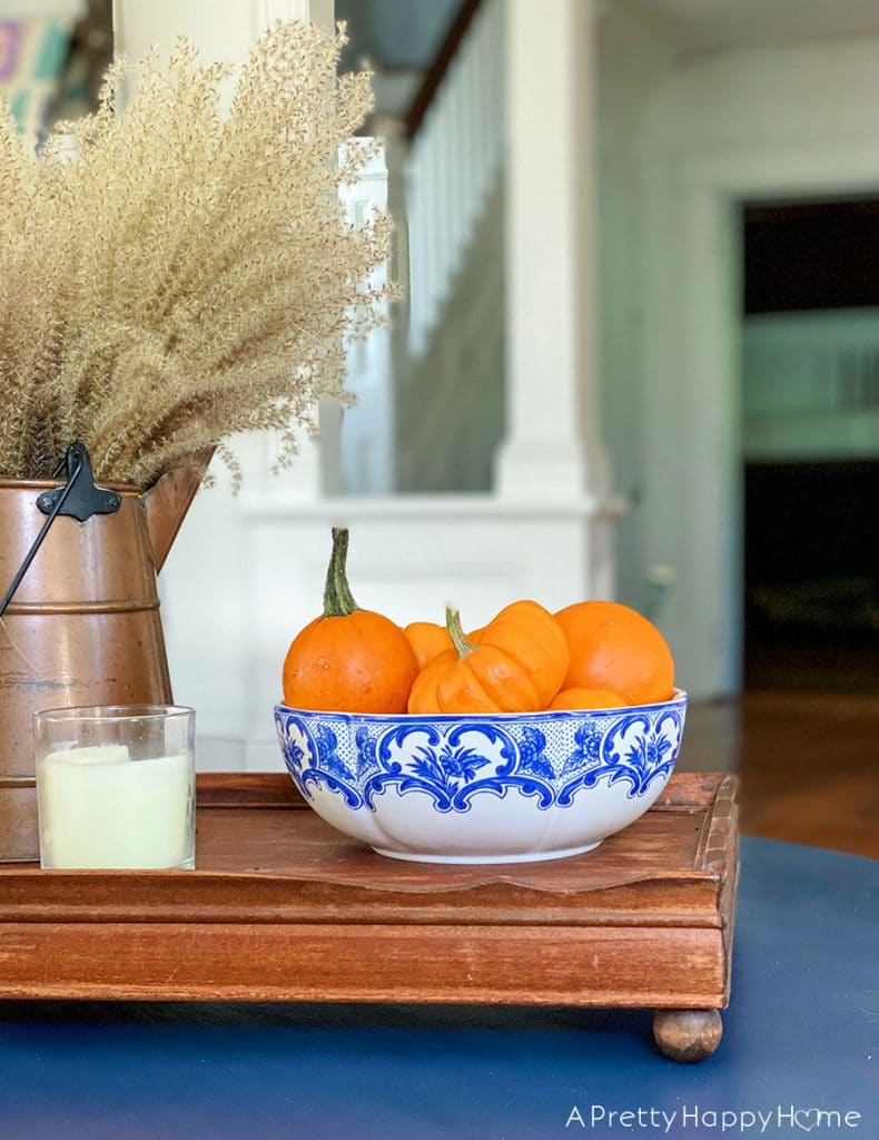 Fall Coffee Table with Blue Accents tiffany bowl