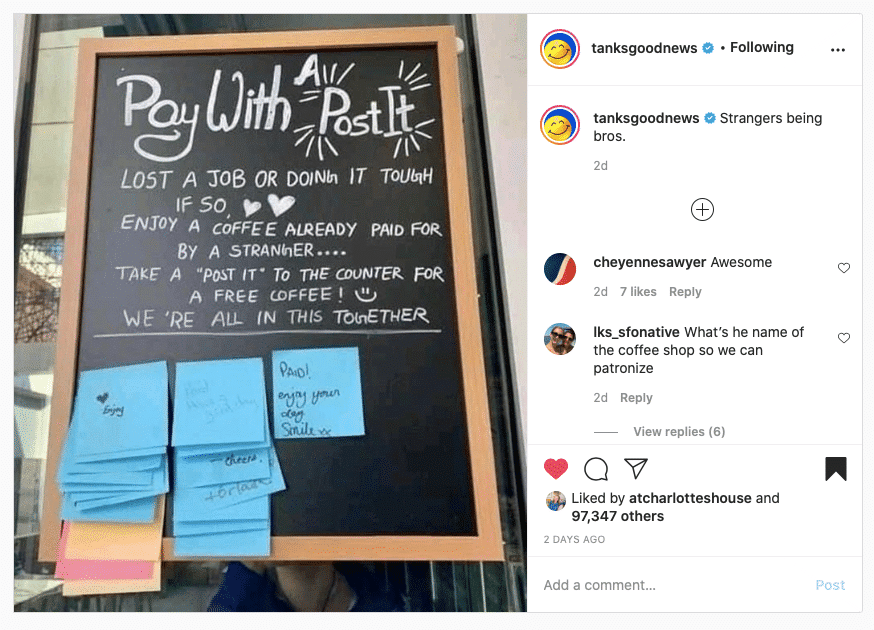 pay it forward post it notes at coffee shop via tanks good news on the happy list