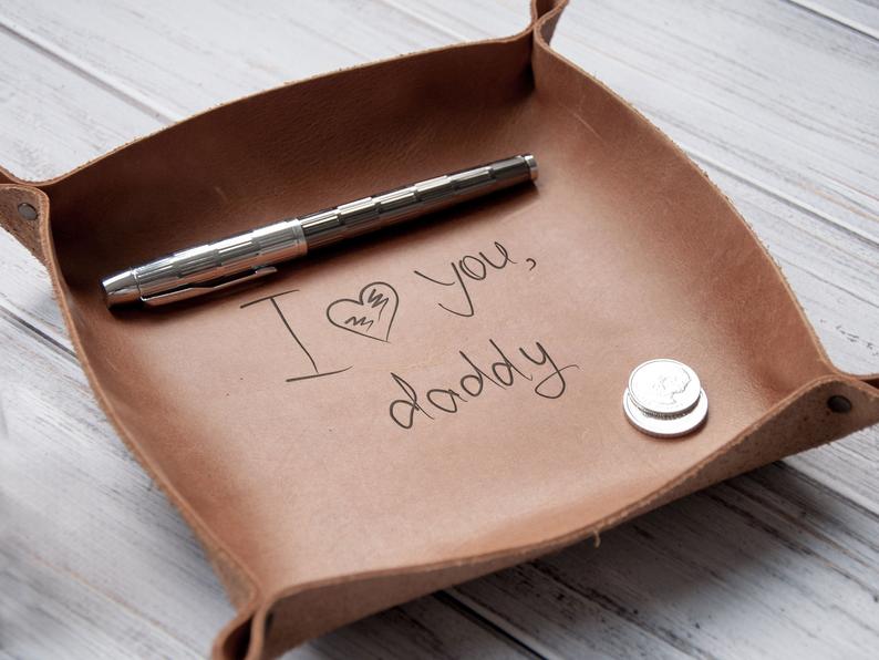 engraved leather tray from Wood Present Studio on Etsy on the happy list