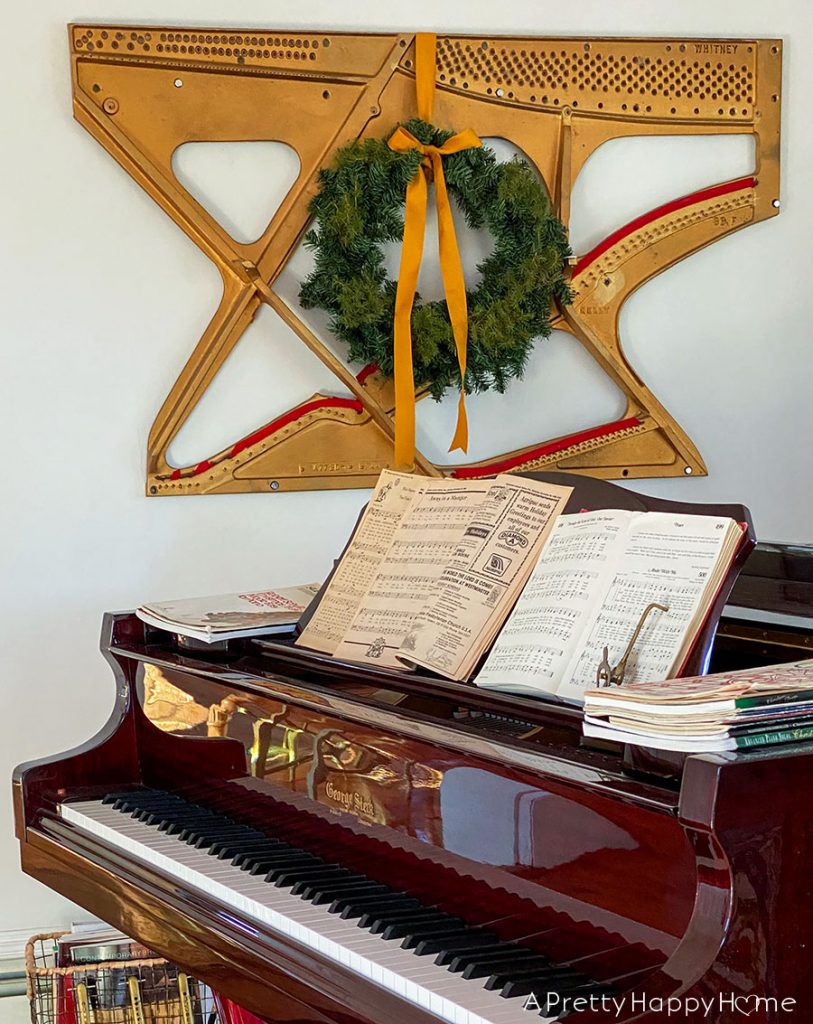 piano harp art with christmas wreath