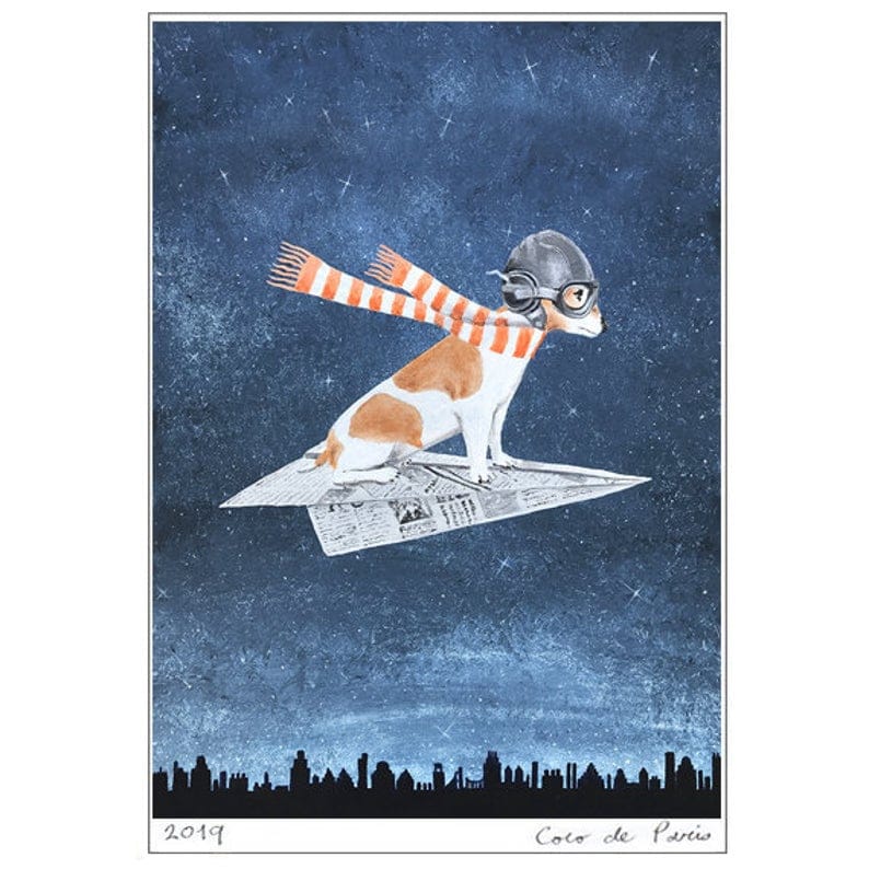 JACK Russell flying on paper airplane from cocktail zoo via etsy