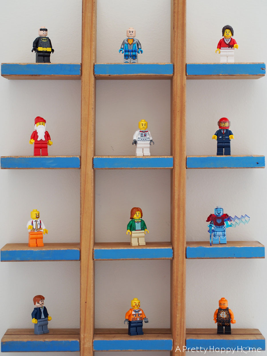 upcycled lego display shelf using a wine rack on the happy list