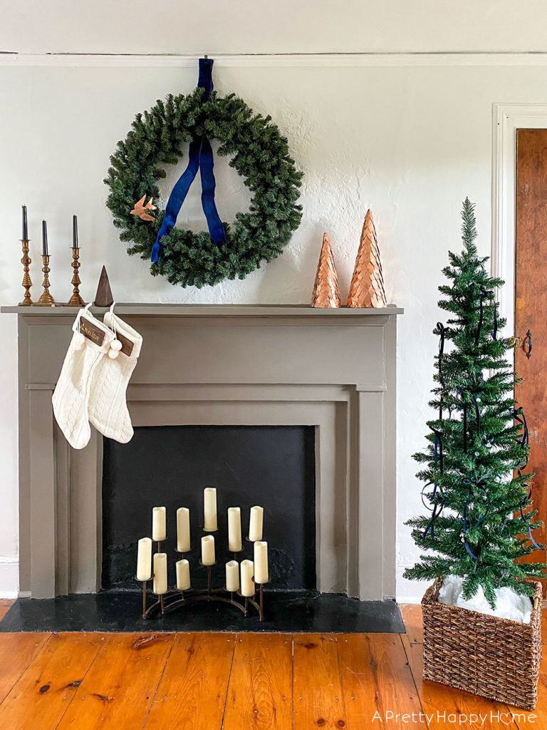 christmas mantel with copper accents