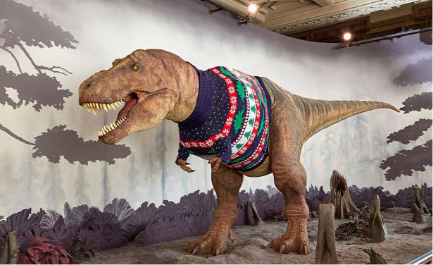 trex with christmas jumper london museum of natural history on the happy list