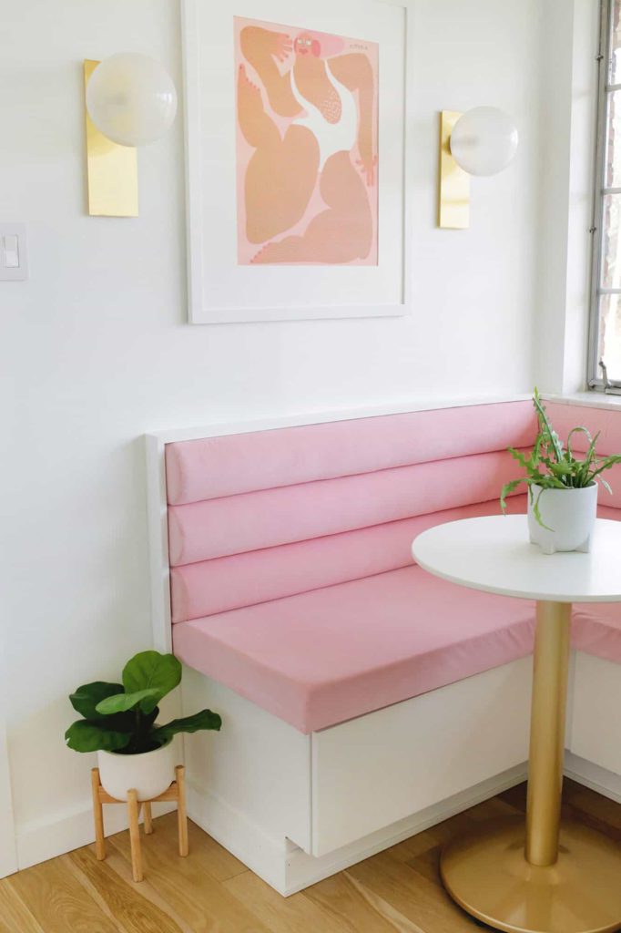 pink channel tufted banquette A Beautiful Mess on the happy list