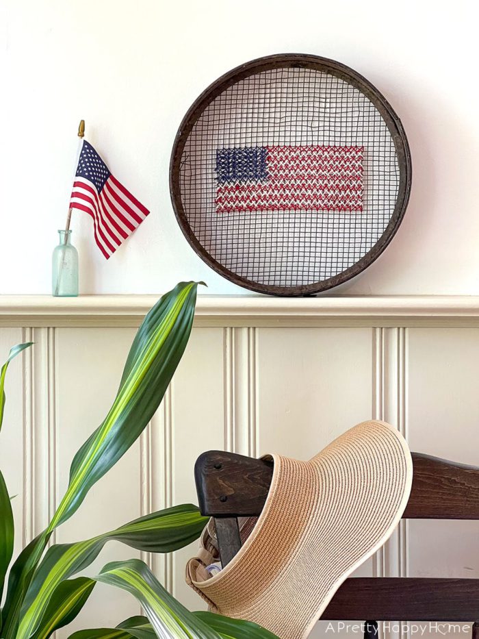 cross stitch american flag on a grain sifter 4th of july wreath