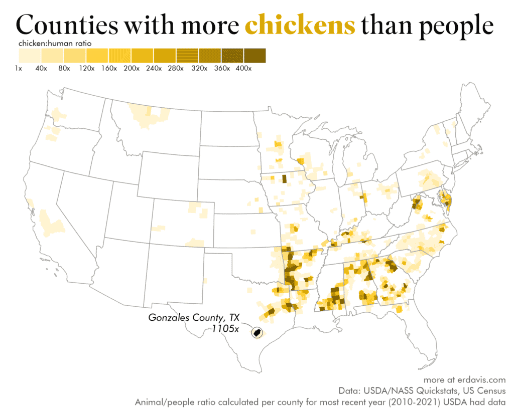 counties with more chickens than people via erdavis.com on the happy list