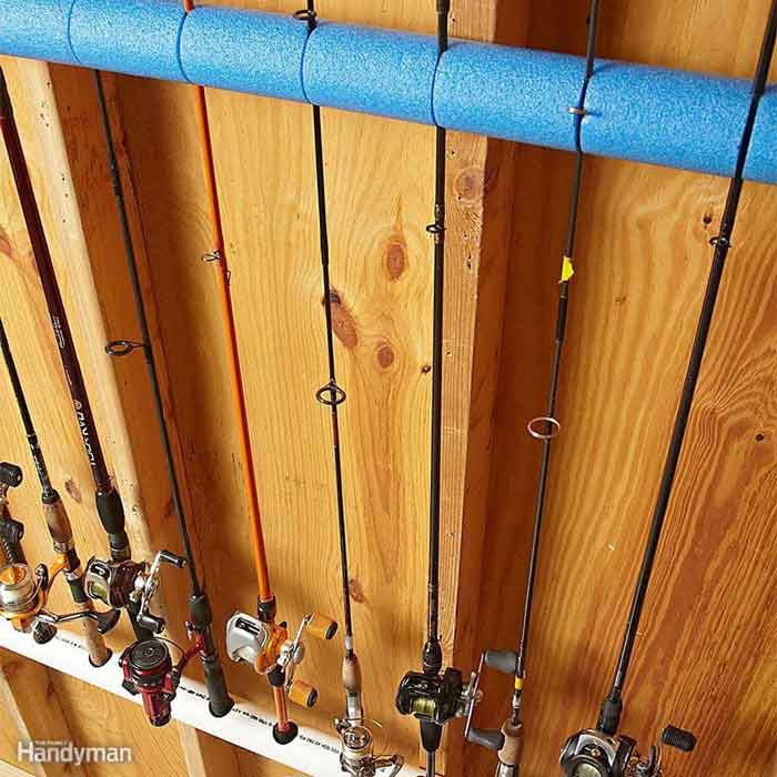 Family Handyman Fishing pole storage with pool noodle on the happy list