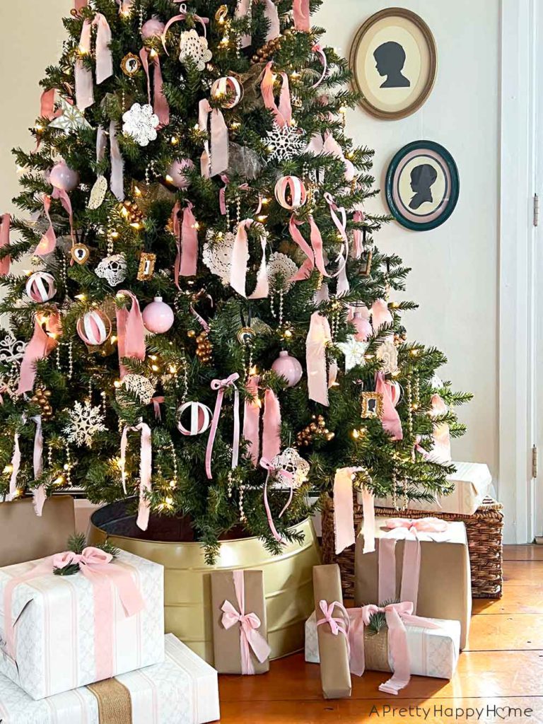 pink christmas tree decorations with silhouette ornaments in a colonial farmhouse