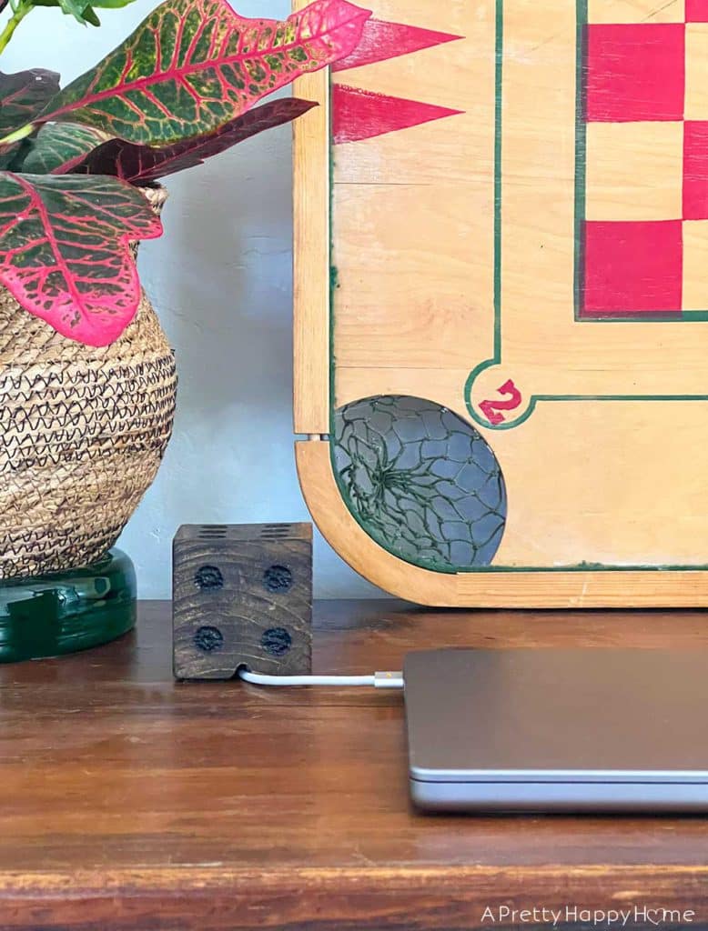 DIY wood cube cord holder charging cord holder made from wood cube dice charging cord keeper