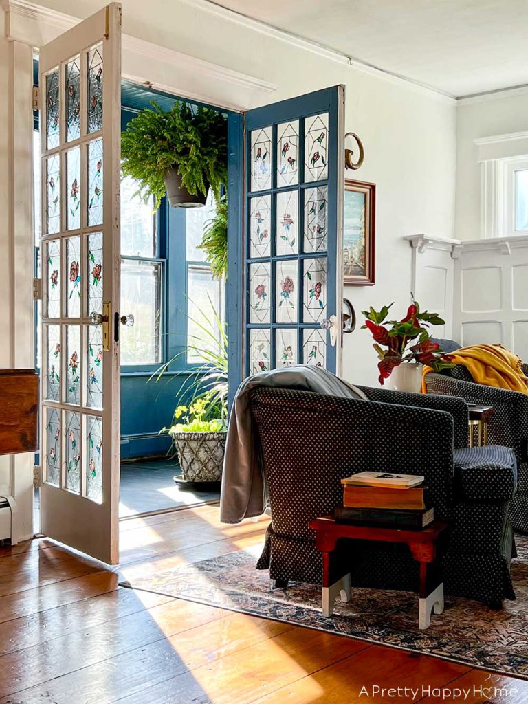 Recent Home Photos That Made Me Smile navy blue sunporch with french doors in a 200 year old house with original pine floors