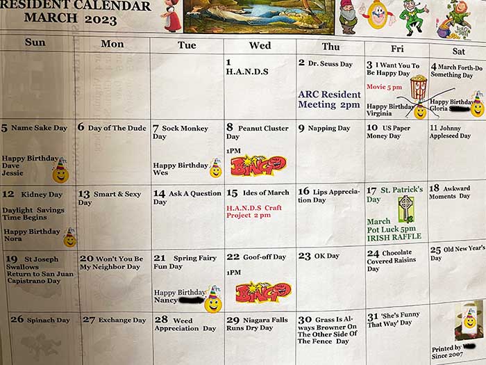 funny resident calendar for retirement home on the happy list