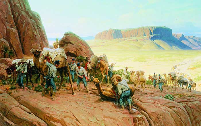 Camels in Texas, by Thomas Lovell, courtesy of the Abell-Hanger Foundation and the Permian Basin Petroleum Museum, Library and Hall of Fame of Midland, Texas, where the painting is on permanent display.