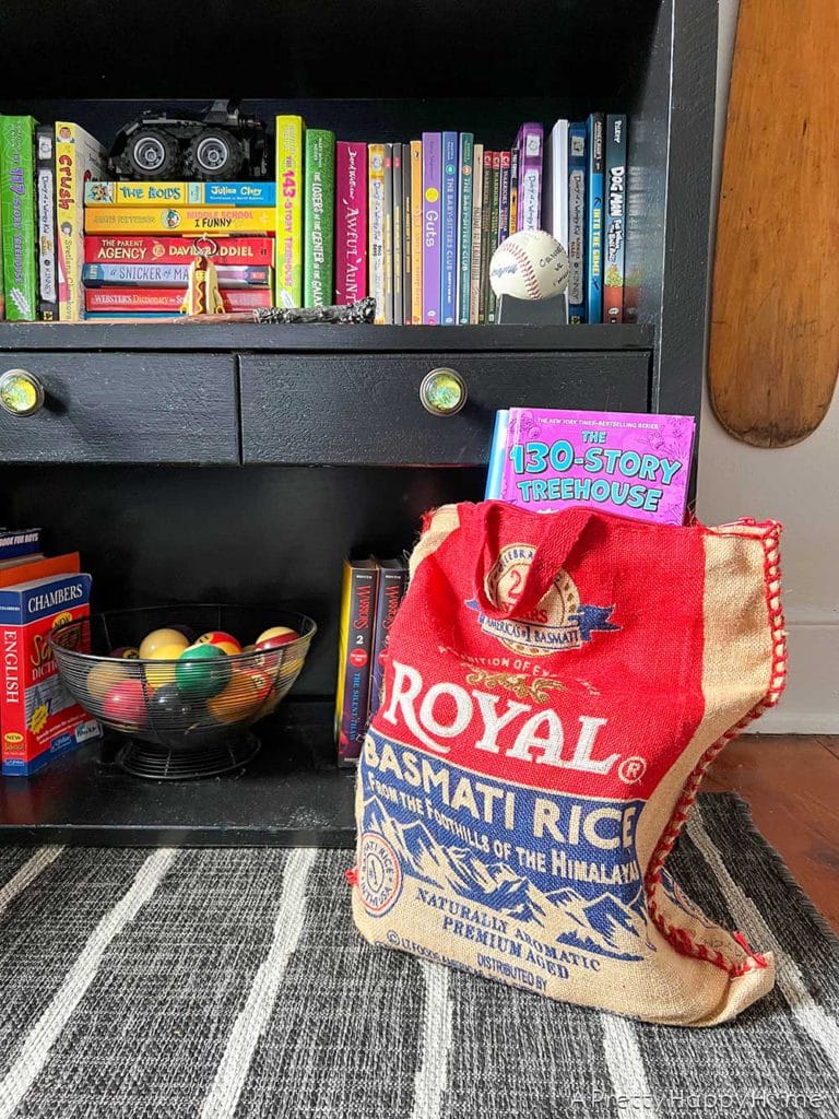 14 Ways To Reuse a Basmati Rice Bag including using it as a library book tote bag