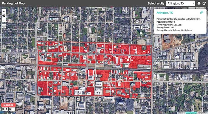 parking lots in arlington texas via map from parking reform network via big think on the happy list