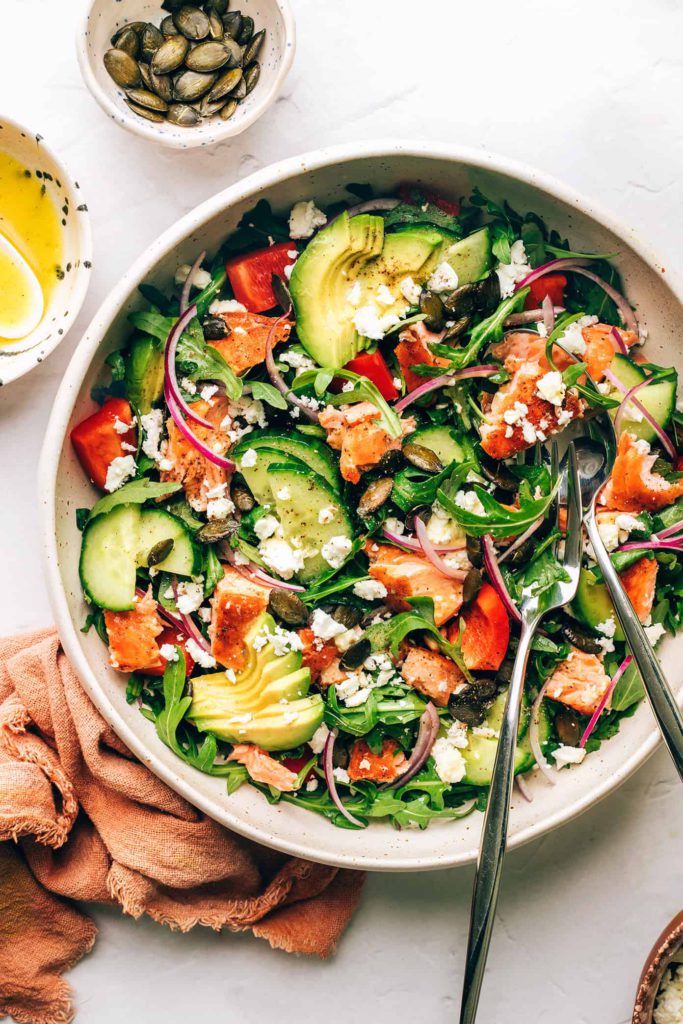 greek salmon salad bowl recipe from gimme some oven on the happy list