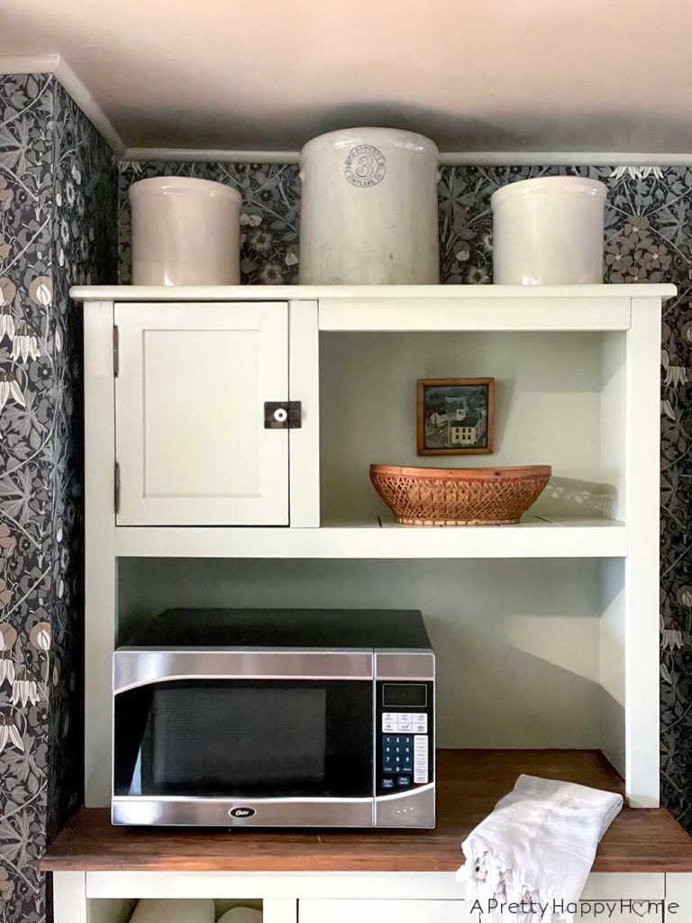 kitchen annex with wallpaper farmhouse with wallpapered flex space microwave station decorated with ceramic crocks