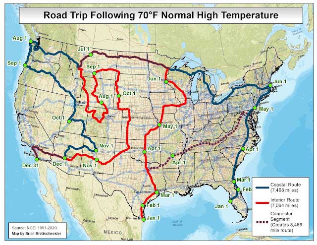 70 degree road trip map created by brian Brettschneider on the happy list