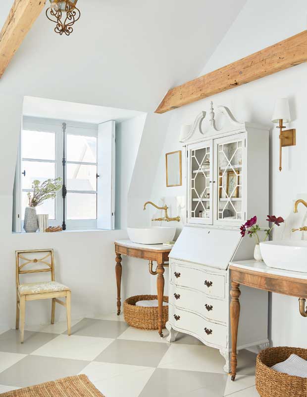 bathroom with hutch via house and home magazine Photographer: Maxime Desbiens Source: House & Home June 2021 Stylist: Nicola Mar on the happy list