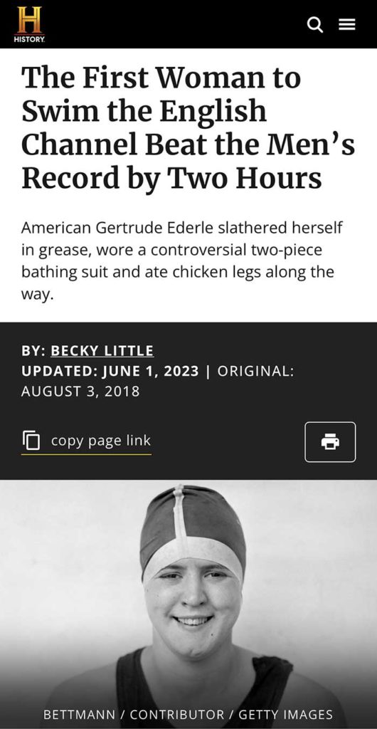 screenshot of history channel's article about gertrude ederle on the happy list