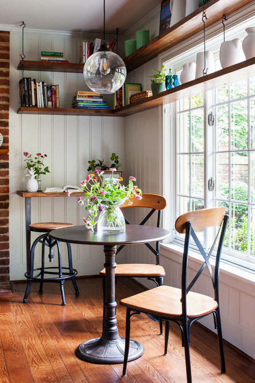 Melissa Mathe Interior Design, LLC farmhouse dining room with shelves hung by hooks via houzz on the happy list