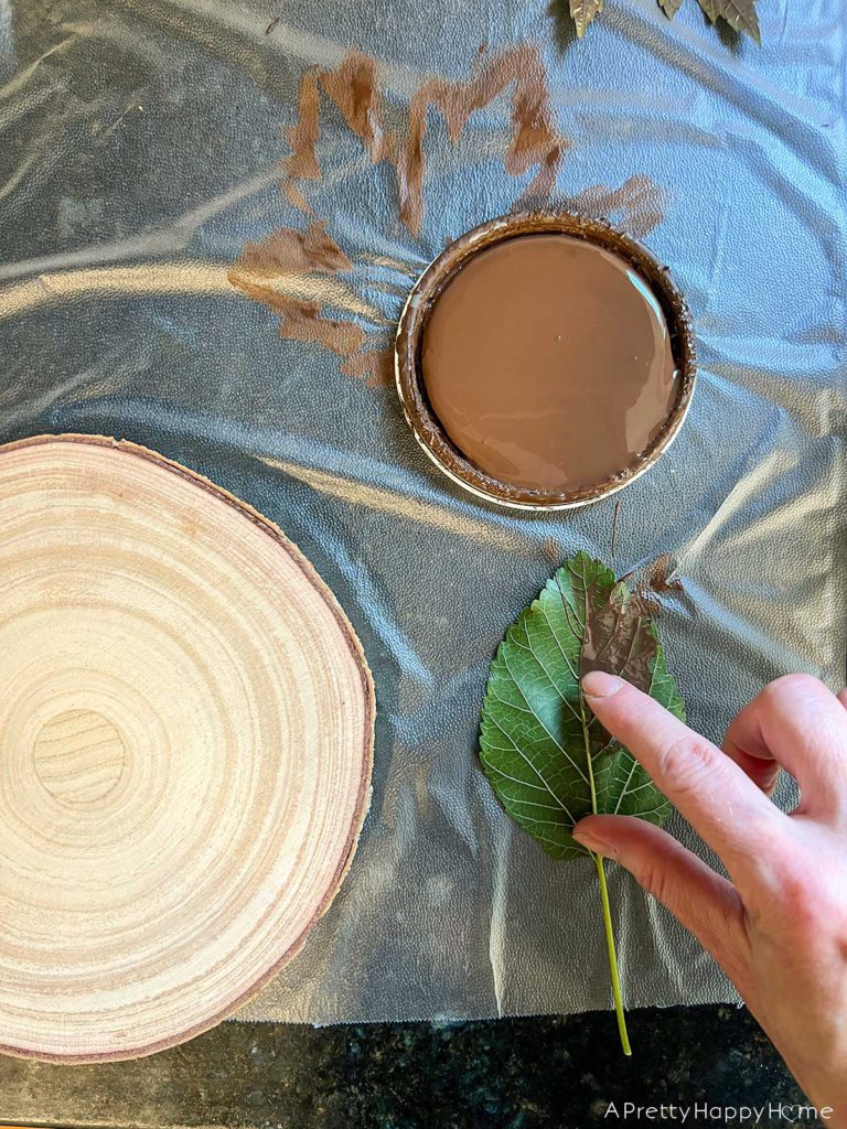 how to leaf stamp on wood using house paint or craft paint fresh leaves and wood rounds