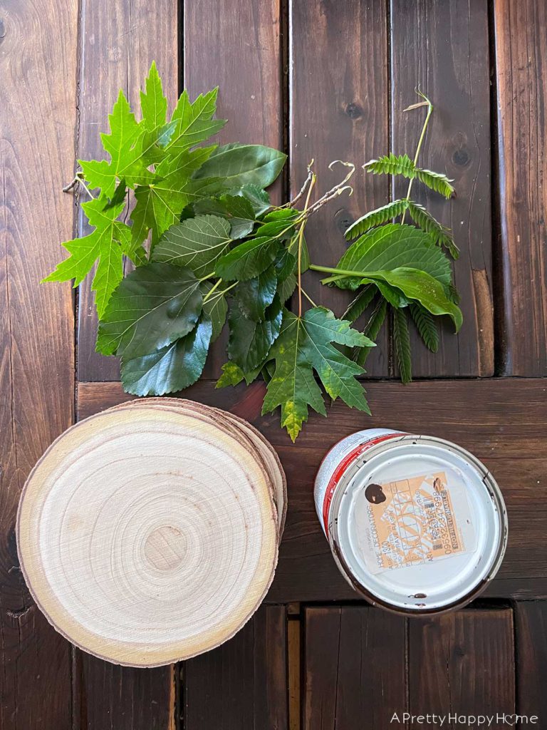 how to leaf stamp on wood using house paint or craft paint fresh leaves and wood rounds