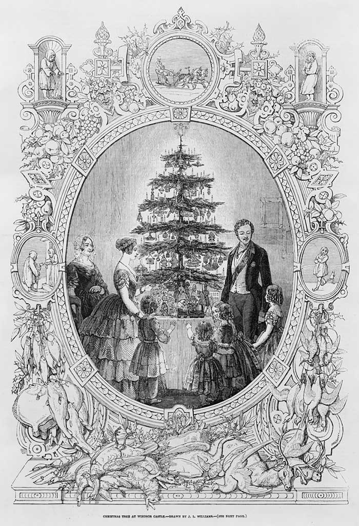 Christmas Tree at Windsor Castle, drawn by J. L. Williams. Illustration for The Illustrated London News, Christmas Number 1848. Abstract/medium: 1 print : wood engraving. from the US Library of Congress under the digital ID cph.3c17376 via wikipedia