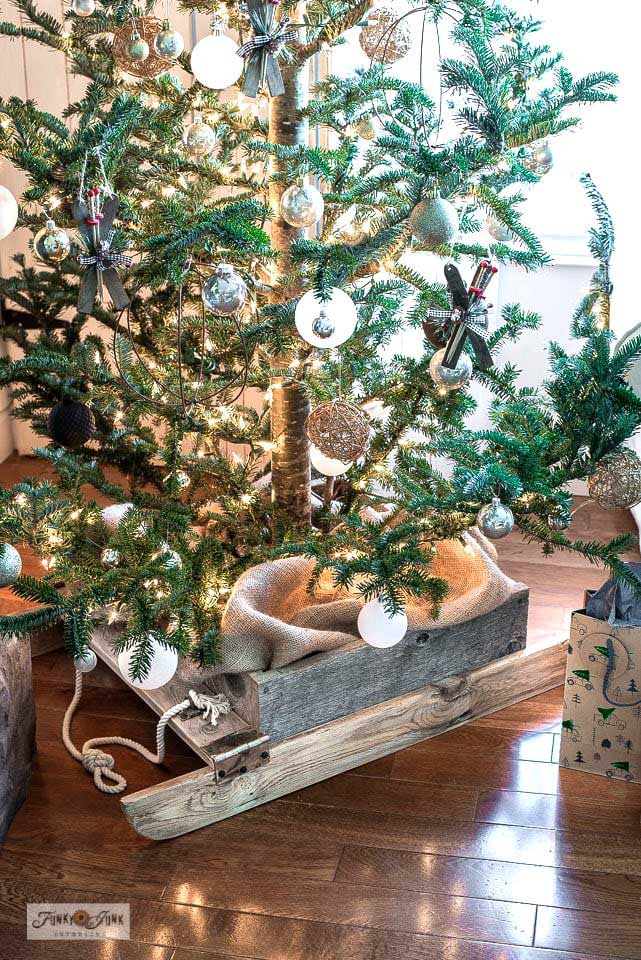 diy wood sled christmas tree skirt rustic sled from funky junk interiors on the happy list