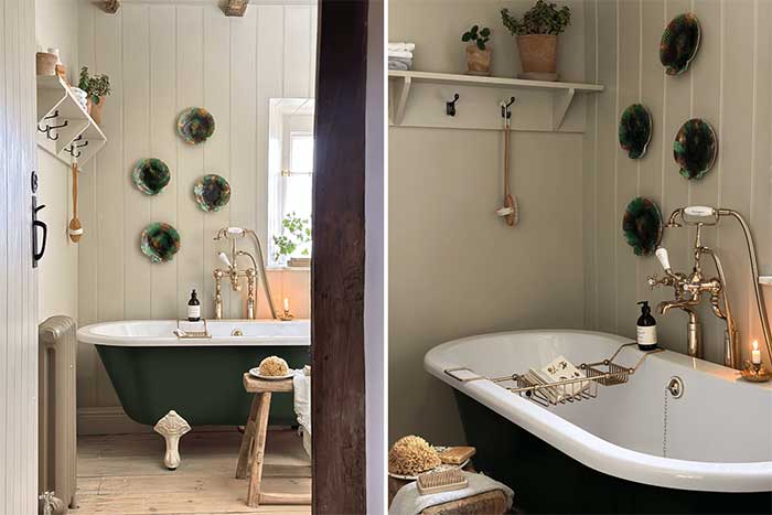 steph gowla bathroom with forest green bathtub via farrow and ball blog on the happy list