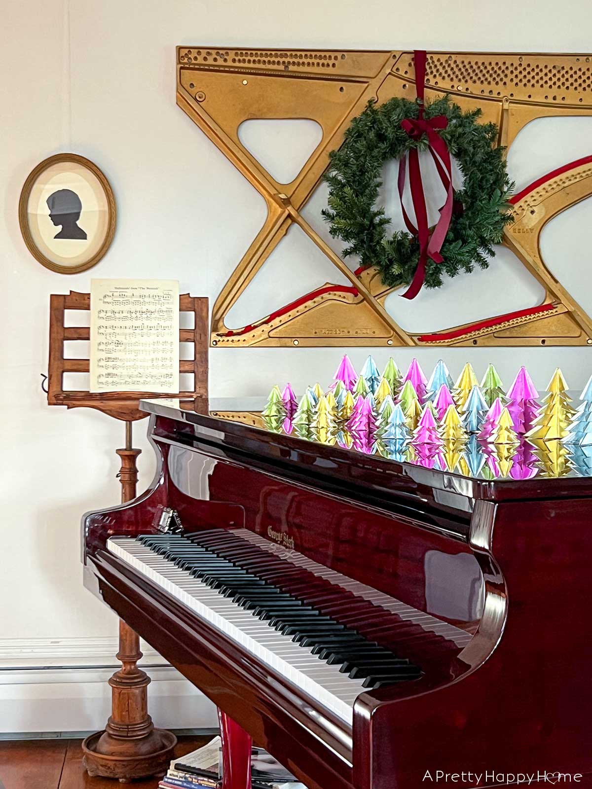 baby grand piano with origami trees christmas decor a touch of christmas in our music room piano harp art with wreath for christmas 