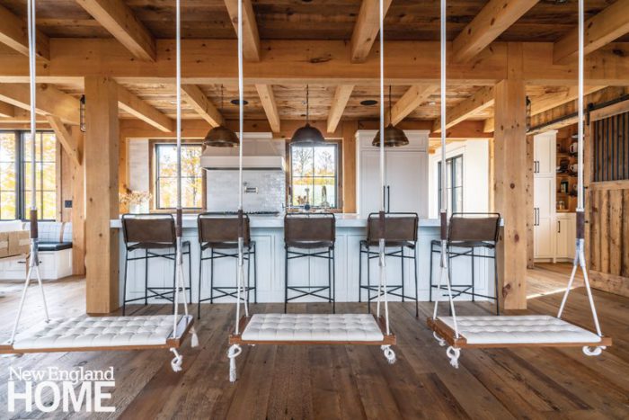vermont barn style home with swings in the kitchen featured in new england home Photography by Elise Sinagra on the happy list