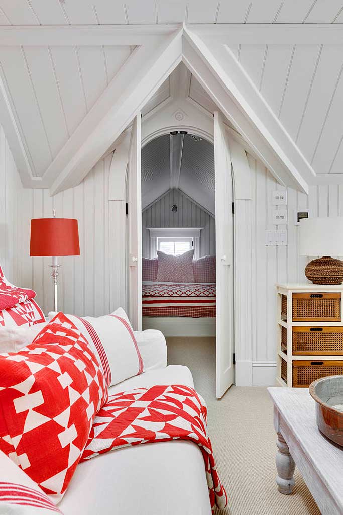 red and white decor in gabled secret room by patrick ahearn architect via town and country living on the happy list