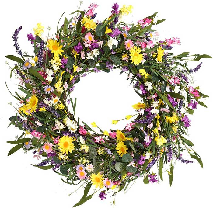 faux spring floral wreath from J'FLORU Store on amazon on the happy list