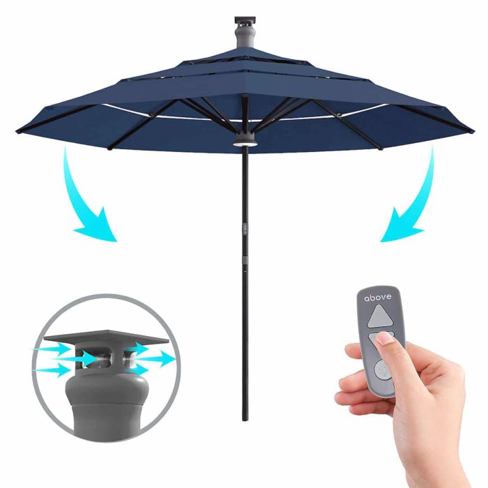 smart umbrella that works with a remote and closes automatically if it is windy from crate and barrel in praise of colorful patio umbrellas