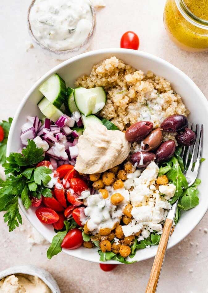 mediterranean quinoa bowl from eating bird food on the happy list
