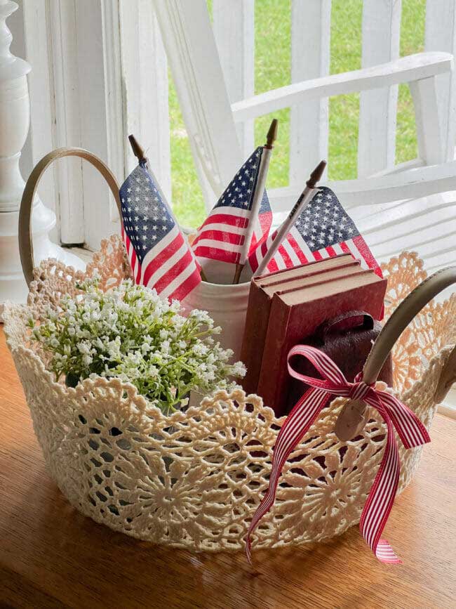 crocheted basket with handles by county road 407 blog on the happy list