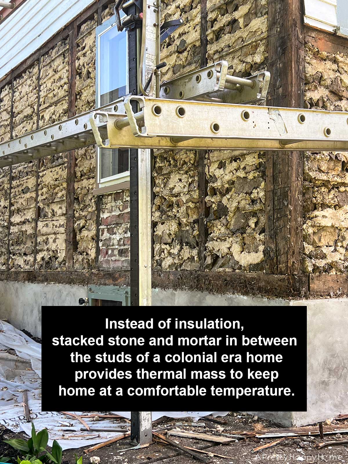 4 Old House Construction Techniques We Found In Our House stacked stone and mortar in between studs of home built in 1800s used for thermal mass instead of insulation