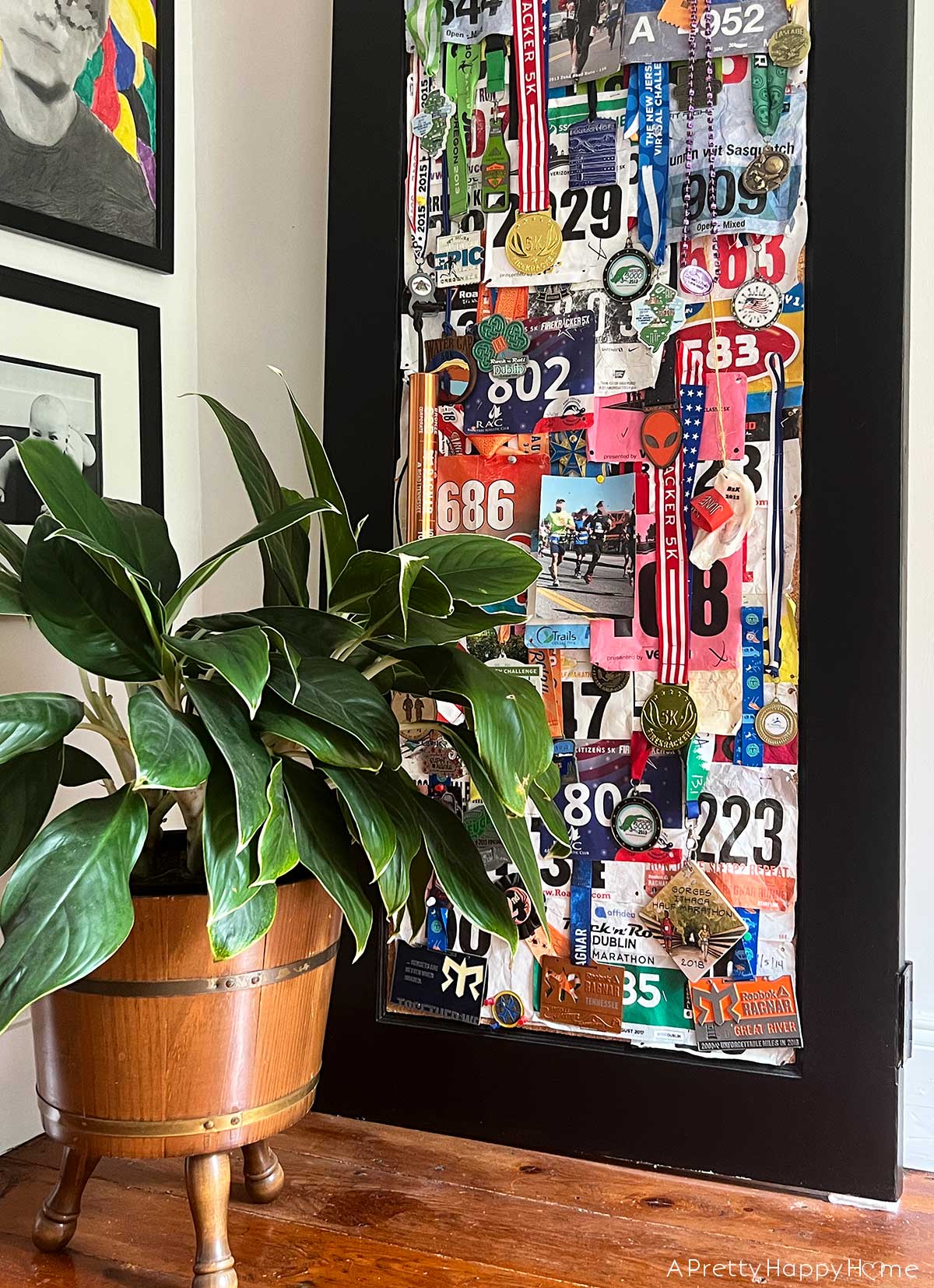 how to display running medals and race bibs on an old door or cork board