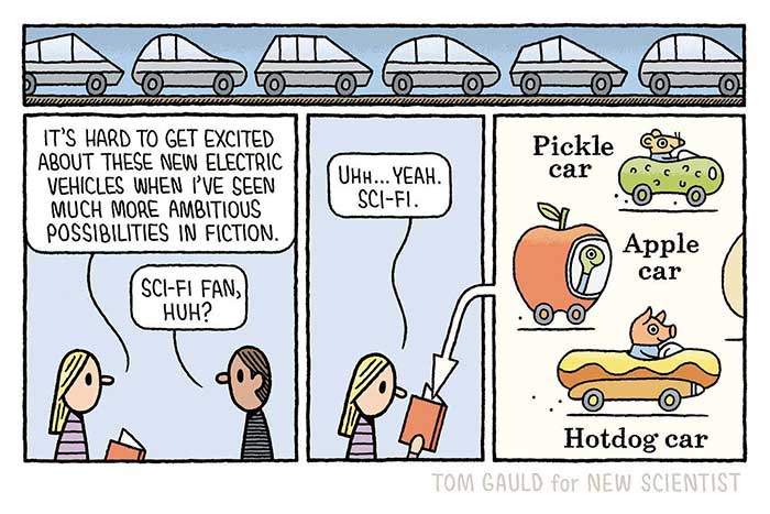 tom gauld comic on ev cars for new scientist 