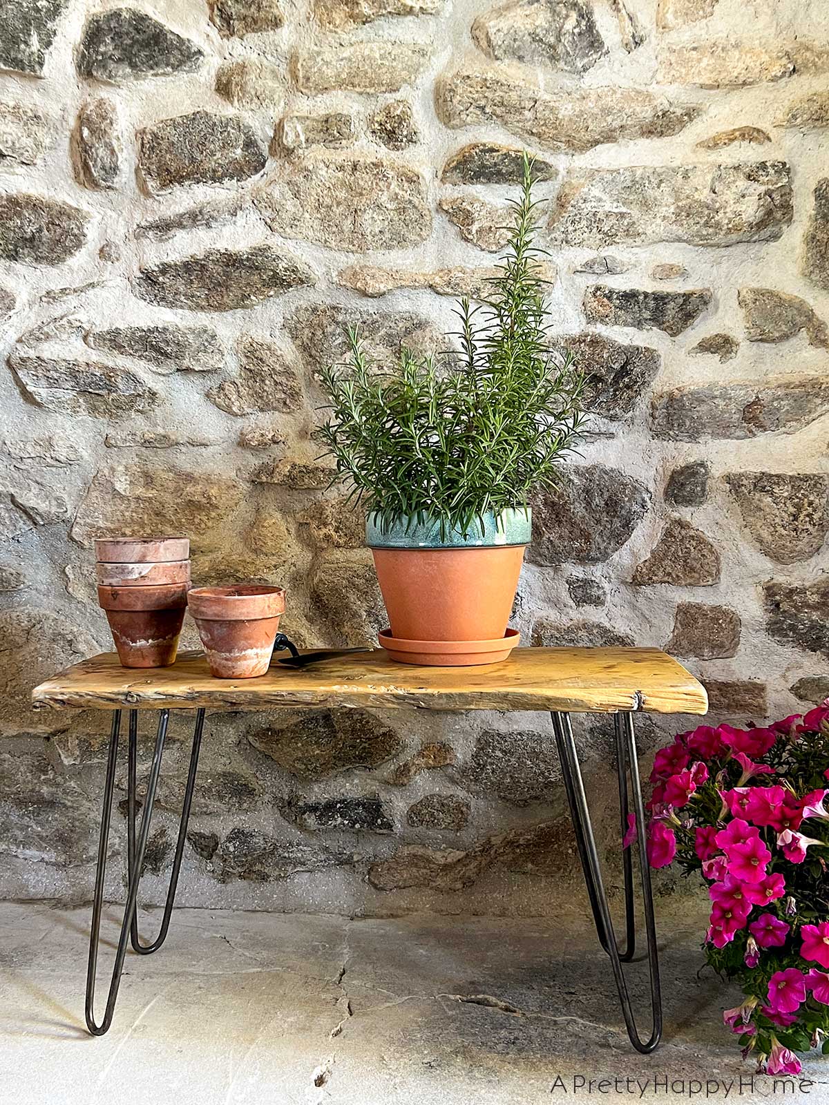 reclaimed wood bench with hairpin legs bench made from an old windowsill taken out of a 250 year old carriage house