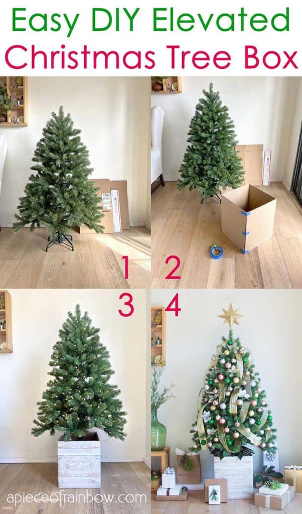 diy tree skirt from cardboard box and contact paper from a piece of rainbow on the happy list