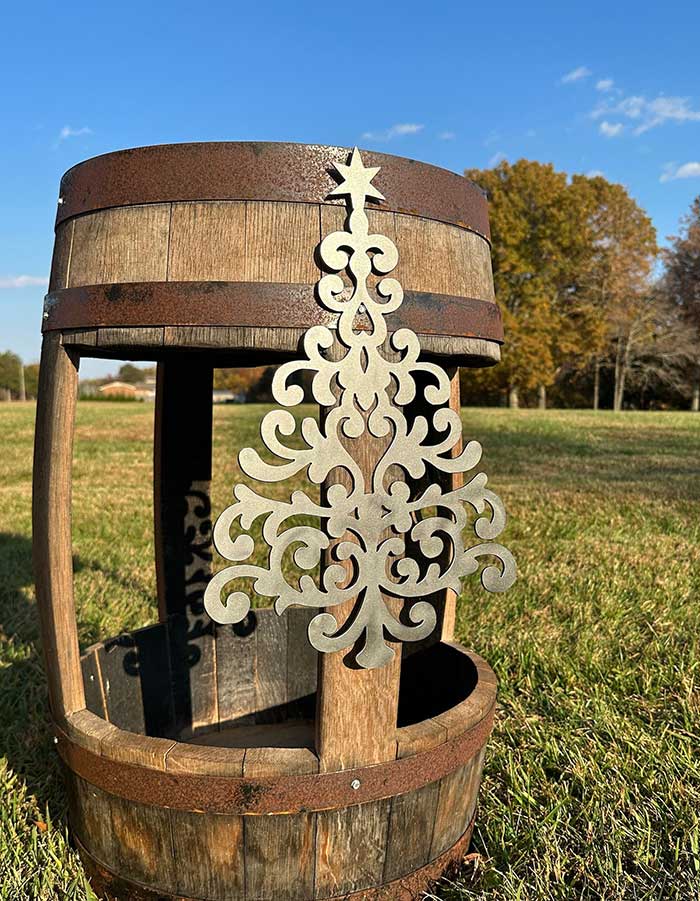 ornate metal christmas tree sign from etsy shop Kurrent metal works metal christmas signs