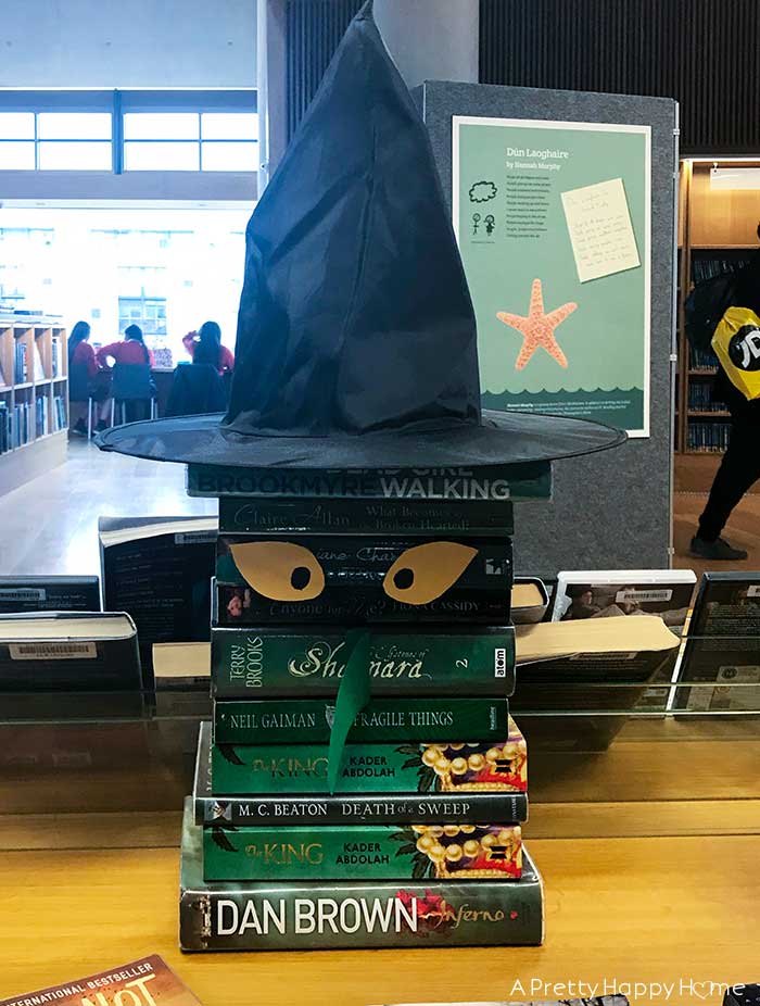 witch book display with green books in a library in dun laoghaire ireland on the happy list